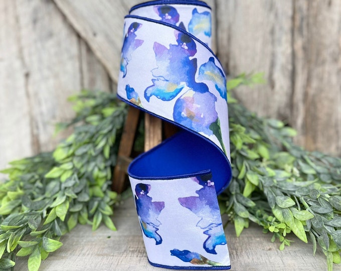 4" Iris Floral Ribbon, Farrisilk Ribbon, Wired RIbbon, Blue Iris Ribbon, Flower Ribbon, Spring Ribbon, Designer Ribbon, Blue RIbbon