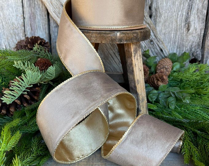 2.5" Mink Brown Velvet RIbbon, Wired Ribbon, Champagne Gold Velvet Ribbon, Christmas Velvet Ribbon, Fall Ribbon, Designer Velvet Ribbon