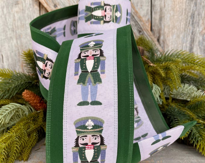 4" Nutcracker Ribbon, Christmas Nutcracker Decor, RIbbon with Nutcrackers, Green Velvet , Green & Blue Nutcracker Ribbon, 76528-04-07