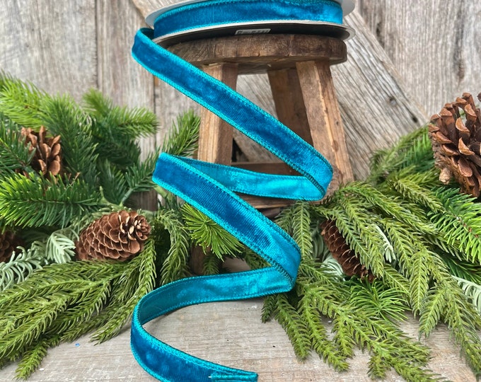 3/4" Turquoise Velvet Luster RIbbon, Farrisilk Ribbon, Velvet RIbbon, Wired RIbbon, Designer RIbbon, Velvet Ribbon, Christmas Velvet, Teal
