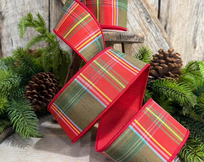 2.5" RedGreen Christmas Plaid Ribbon, Wired Ribbon, Tartan Chirstmas Plaid RIbbon