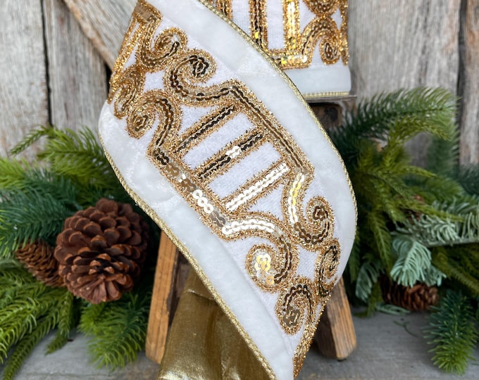 4" Ivory Velvet Ribbon, Ivory Gold Plush Nutcracker Ribbon, Farrisilk Ribbon, Ivory Christmas Ribbon, RK822-62