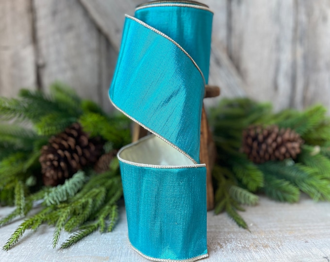4" Turquoise Platinum Ribbon, Ribbon, Teal Luster Ribbon, Christmas Ribbon, Designer Ribbon, Wired Ribbon, Spring Ribbon