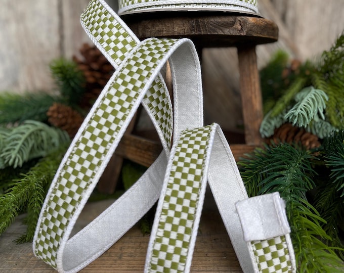 1" Moss Green Check Ribbon, Farrisilk Ribbon, Olive Green Check Ribbon, Kitschy Checks, Christmas Ribbon, Fall Ribbon, RK848-76