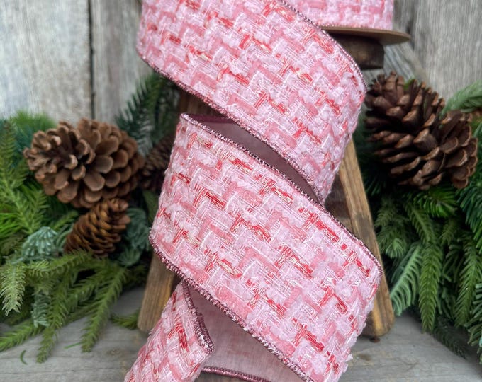 2.5" Pink Tweed Ribbon, Pink Christmas Ribbon, Designer Ribbon, Pink Christmas Tree Ribbon, Pink Tweed Design Inspired RIbbon