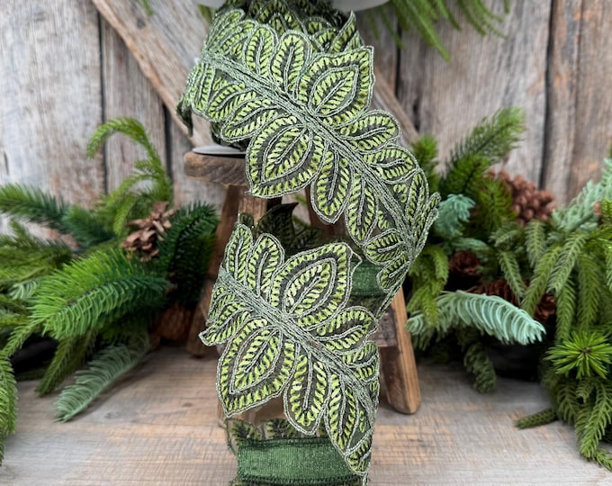 4" Olive Green Masquerade Vine Ribbon, Embroidered Leaf Lace Trim, Botanical Christmas Ribbon, 5 Yards