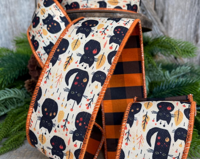 Halloween Black Cat Ribbon: Vintage Wired Edge, 2.5 Inch, 10 Yards