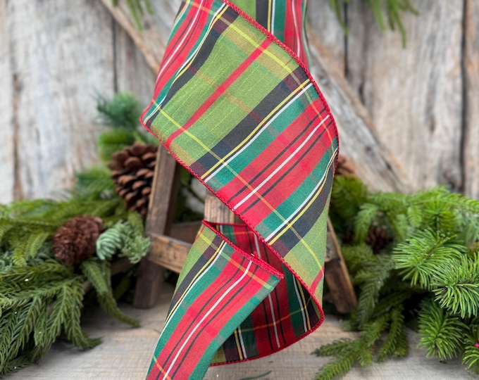 4" Green Tartan Christmas Plaid Ribbon, Green Red Christmas Ribbon