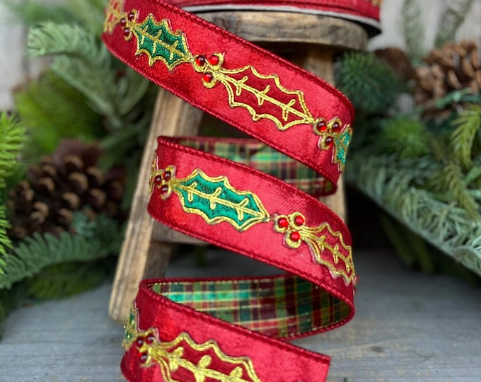 1.5" Red Holly Leaf Ribbon, Farrisilk RIbbon, Holly Jolly Ribbon, Red Christmas Ribbon, Holly Leaf Ribbon, RK669-47