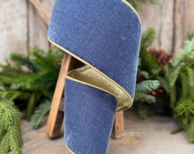 4" Dusty Blue Velvet Wired Ribbon with Gold Backing, Denim Blue