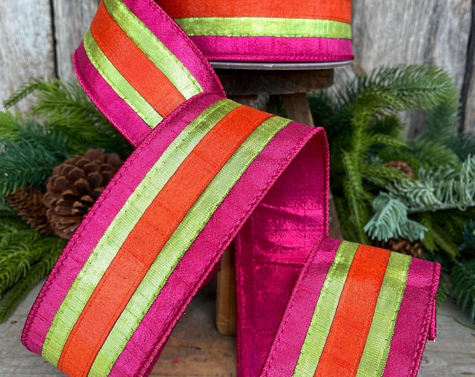 2.5" Christmas Striped Ribbon, Hot PInk Orange Ribbon, Farrisilk ribbon, 2.5" x 10yds, Classic Stripes, RK886-08