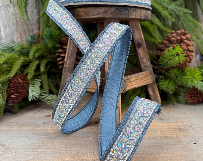 1" Steel Blue Jeweled Ribbon, Blue Mystic Diamonds Ribbon, Farrisilk Ribbon