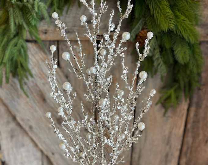 33" Iced Twig Pearl Spray, Christmas Tree Picks & Stems, Christmas Tree Spray, Christmas Floral Spray, 40097-SILVER