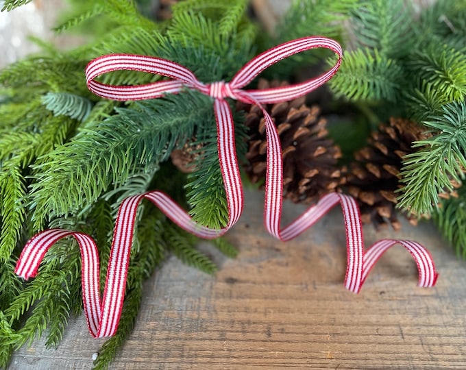 3/8" Red White Stripe Ribbon, Wired Ribbon, Gift Wrap Ribbon, Ribbon for Bows