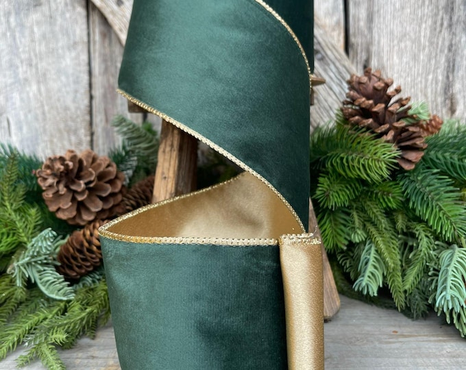 4" Green Velvet Ribbon, Green & Gold Velvet Ribbon, Christmas RIbbon, Hunter Green Velvet Ribbon, Designer Ribbon,Gift Wrap Ribbon,Christmas