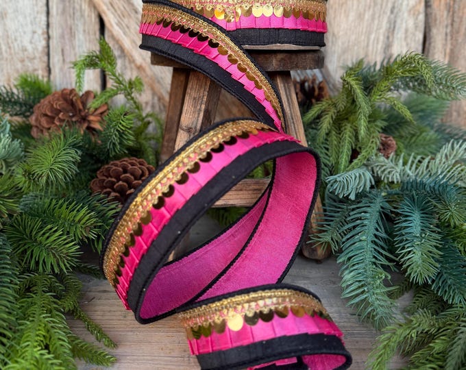1.5" Halloween Ribbon, Tricks or Pleats, Farrisilk Ribbon, Wired Ribbon, Black Pink Gold Ribbon, Designer Ribbon, Wreath Supply, RK730-74