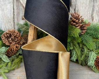 4" Black Velvet Ribbon, Wired RIbbon, Black Gold Velvet Ribbon, Christmas RIbbon, Designer Ribbon, Ribbon for Christmas Tree