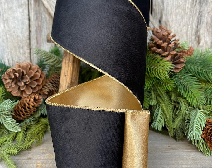 4" Black Velvet Ribbon, Wired RIbbon, Black Gold Velvet Ribbon, Christmas RIbbon, Designer Ribbon, Ribbon for Christmas Tree