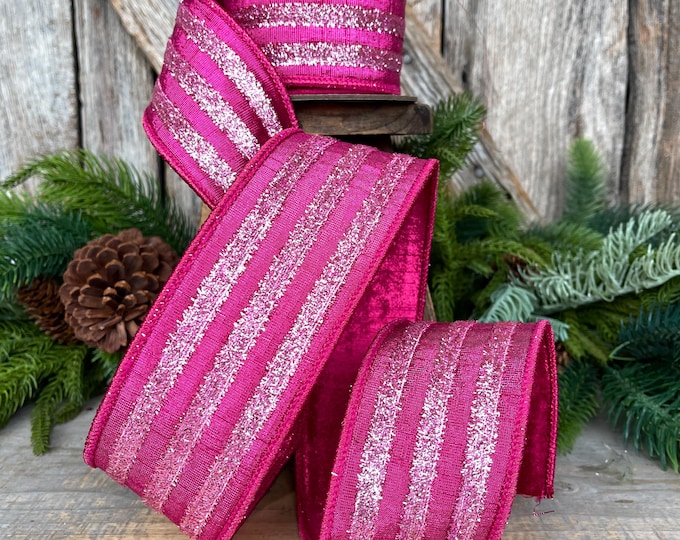 2.5" Hot Pink Tinsel Ribbon, Farrisilk Ribbon, Hot Pink Ribbon for Tree