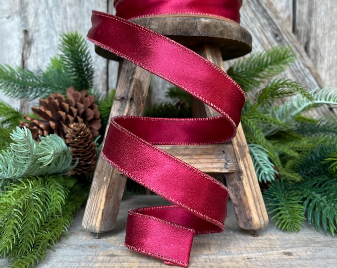 1" Wine Burgundy Satin Ribbon, Christmas Ribbon, Shimmer Satin Ribbon, Wired Ribbon, Maroon Ribbon