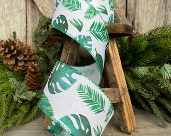 2.5" Monstera Palm LEaf Ribbon, Wired Ribbon, Spring Ribbon, Wedding Ribbon, Everyday Ribbon, Tropical Ribbon, Green White Ribbon