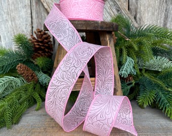 1.5" Light Pink Embossed Ribbon, Pink Ribbon, Christmas Ribbon, Gift Wrap Ribbon, Wreath Ribbon, Pink Christmas Ribbon, 984209-03