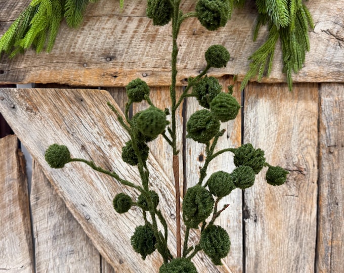 36" Moss Green Pom Pom Twig Spray, Christmas Moss Stem