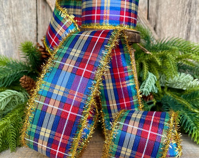 2.5" Blue Metallic Christmas Plaid Ribbon, Plaid Ribbon, Red Blue Green Gold Georgina Plaid Ribbon, Christmas plaid Ribbon, 72515-40-25