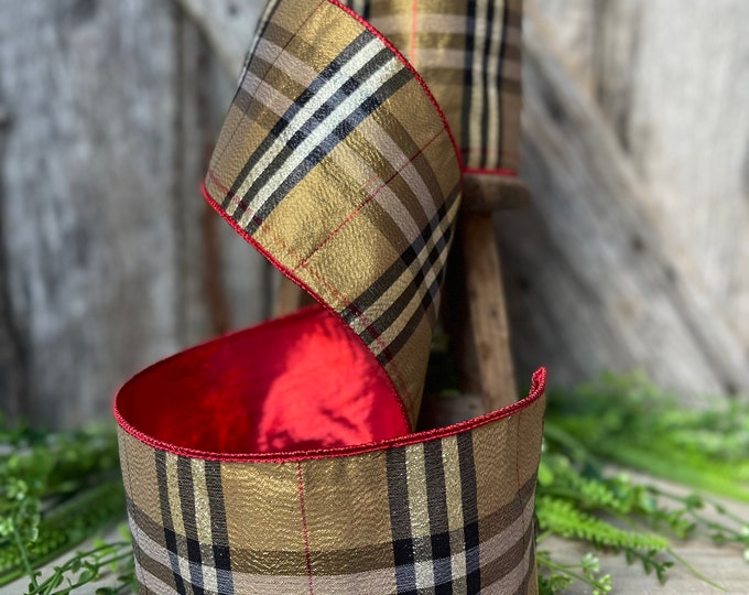 4” Burbank holiday plaid, brown black red plaid Christmas ribbon, 10 yards, metallic ribbon