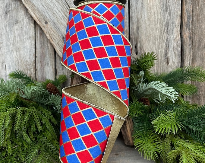 4" Patriotic Wired Ribbon, Patriotic Harlequin Ribbon,  American Ribbon, USA Ribbon, 4th of July RIbbon, Ribbon for bows, 94562W-250-10D