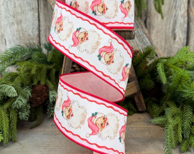 2.5" Retro Pink Santa Wired Ribbon, Christmas Dupioni, 10 Yard Roll
