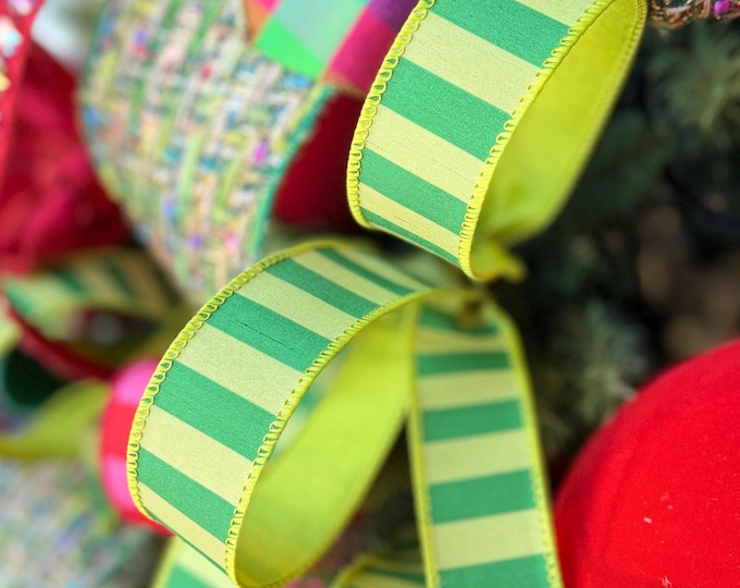 1.5" Lime Green Striped Ribbon, Christmas Color Block