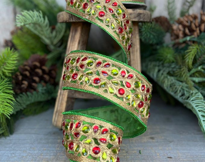 1.5" Red Green Gold Jeweled Ribbon, Farrisilk Ribbon, Jeweled Ribbon, Christmas Ribbon, Jeweled Ribbon, Christmas Ribbon, RG718-48