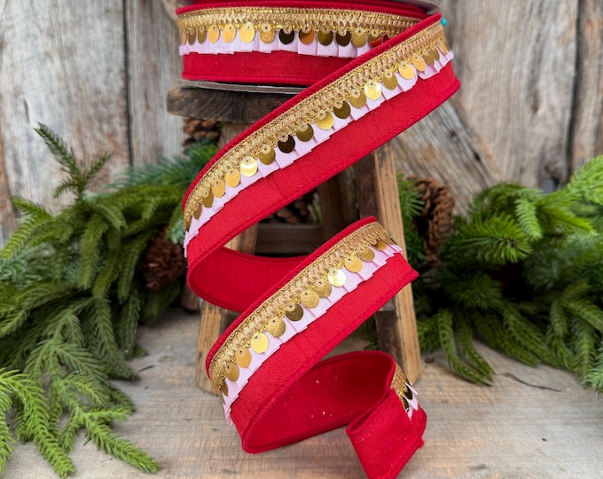 1.5" Red & Light Pink Festive Frills Ribbon with Gold Sequin Trim, 10 Yard Roll, Farrisilk
