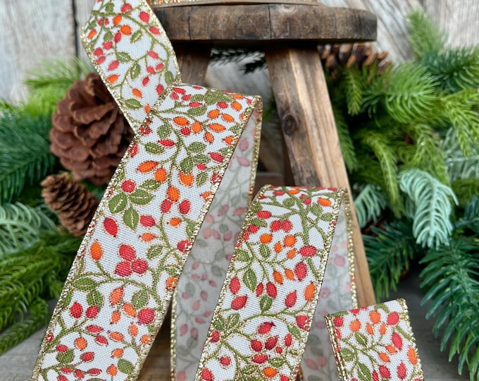1.5" Fall Berry Ribbon, Fall Ribbon, Wired Ribbon, Orange Berry Ribbon, Autumn Ribbon