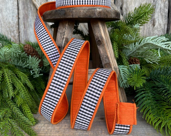 1" Orange & Black White Mini Checkered Ribbon, D Stevens Ribbon, Fall Check Ribbon, Narrow Ribbon, Designer RIbbon, Wreath Supply, 87-1635