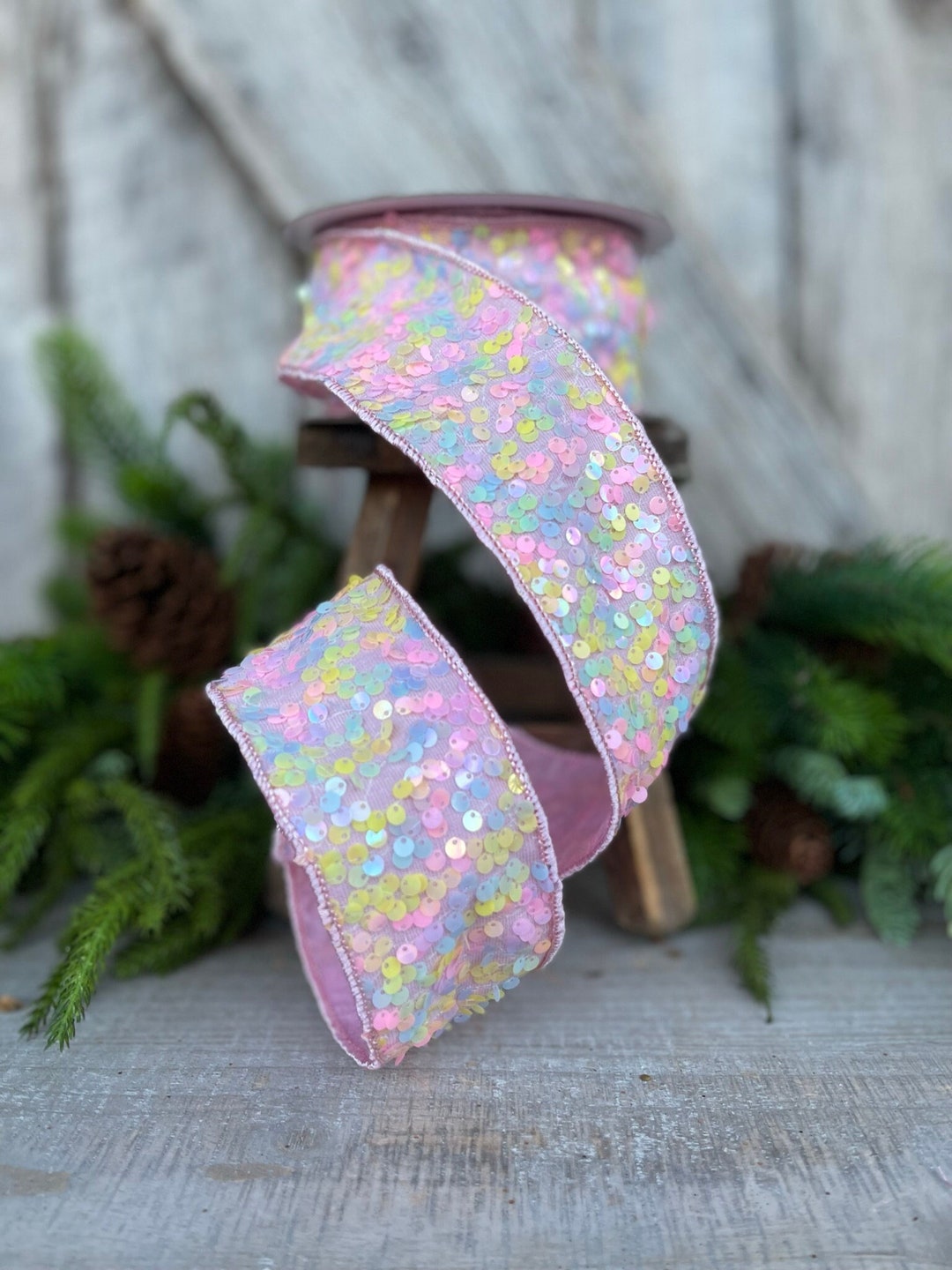 2.5pastel Sequin Ribbon, Wired Ribbon,flashy Sequin Ribbon, Farrisilk