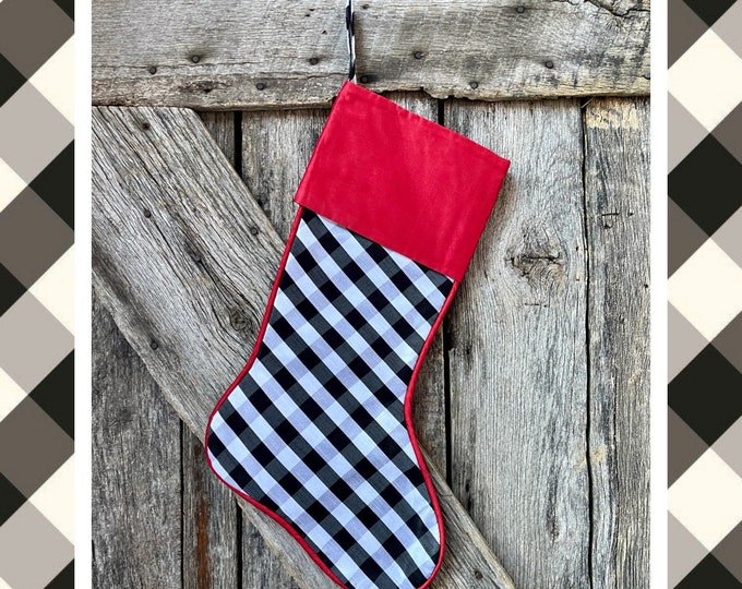 Black and white buffalo plaid stocking, Christmas stocking, luxury stocking, black white check stocking, black white check stocking