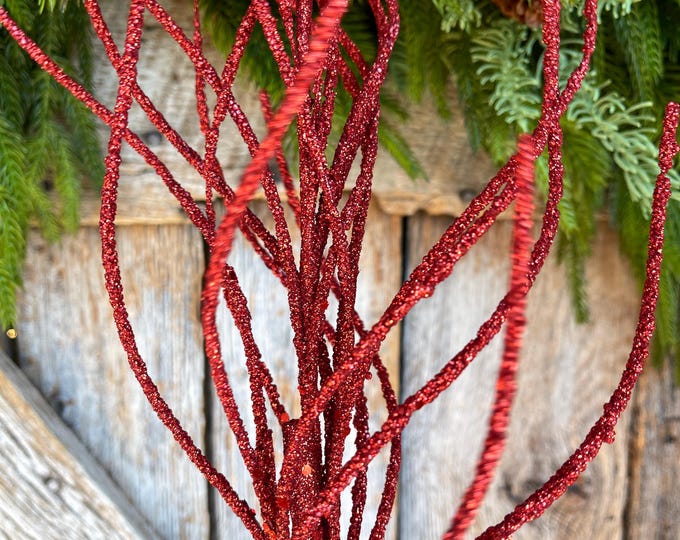 30" Red Glitter Twig Christmas Spray, Christmas Tree Topper Spray