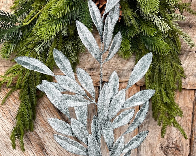 Light Blue Glitter Laurel Leaf Spray: Christmas Tree Pick (27")