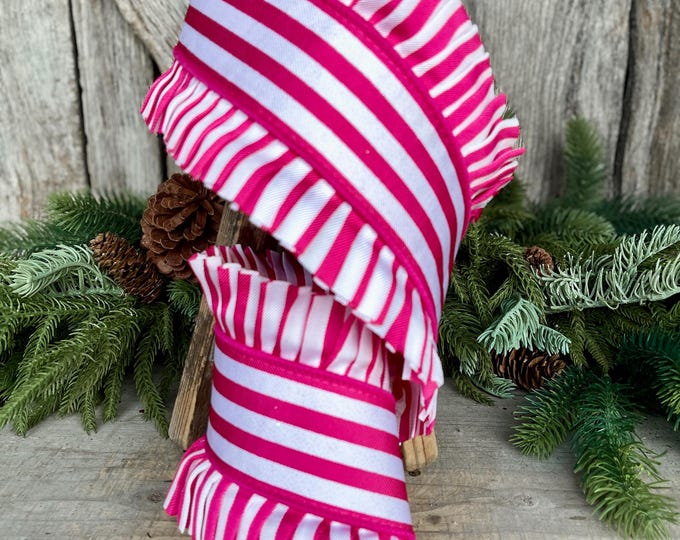 4.5" Hot Pink Ruffle Ribbon, Farrisilk Ribbon, Pink Candy Wrap Ruffle, Pink Stripe Ribbon, Pink Christmas Ribbon, Ruffle Ribbon, RK865-15