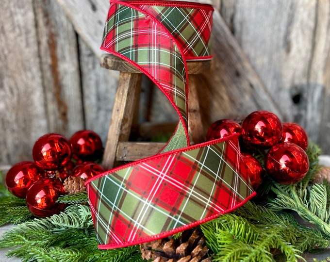 2.5" Red Green Plaid Ribbon, Farrisilk Ribbon, Scotty Dog Plaid, Christmas Plaid Ribbon, Christmas Tree Ribbon, designer ribbon, RA992-48
