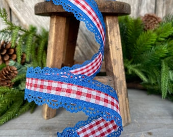 1.5 Patriotic Gingham Ribbon, Blue Scalloped Patriotic Wired Ribbon, American Ribbon, 4th of July ribbon, Americana Decor, RGA1543A1