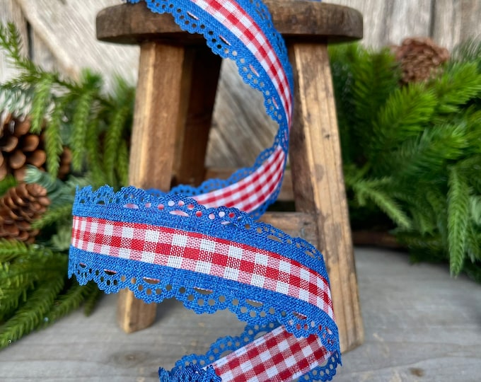 1.5 Patriotic Gingham Ribbon, Blue Scalloped Patriotic Wired Ribbon, American Ribbon, 4th of July ribbon, Americana Decor, RGA1543A1