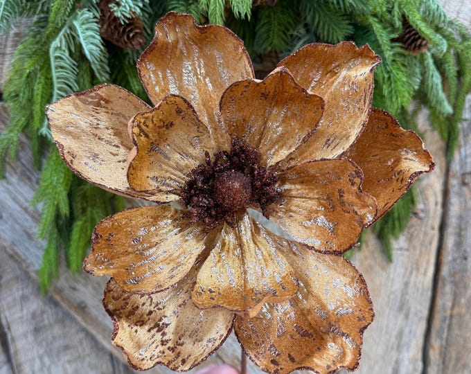 21" Brown Gold Magnolia Stem, Christmas Tree Decor, Rustic Holiday Wreath Supply