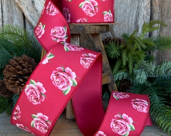 2.5" Valentine Ribbon, Red Pink Rose Wired Ribbon, Designer Ribbon
