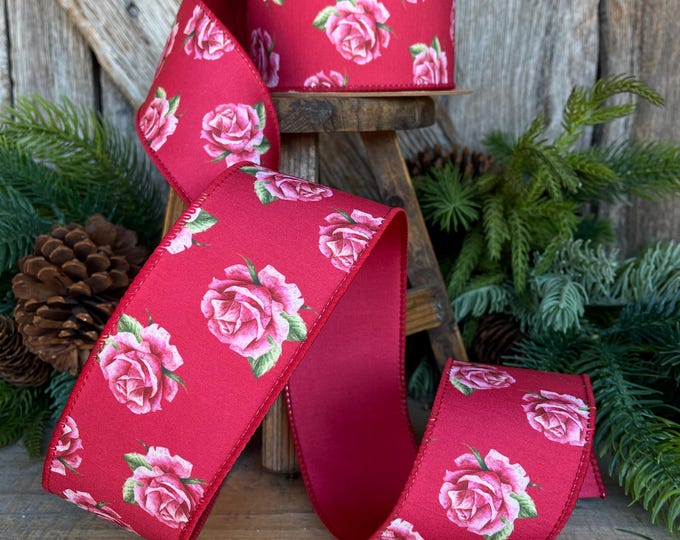 2.5" Valentine Ribbon, Red Pink Rose Wired Ribbon, Designer Ribbon