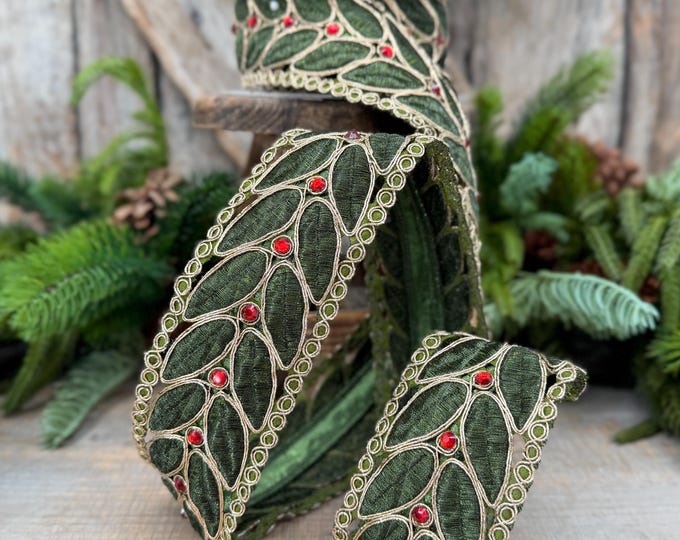 2.5" Olive Green Laurel Leaf Lace Ribbon, Gold Embroidered Christmas Ribbon with Red Jewels, 5 Yards