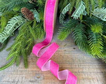1" Hot Pink Unwired Velvet Ribbon, Christmas Bow Ribbon, Pink Velvet Ribbon, Christmas Tree Ribbon