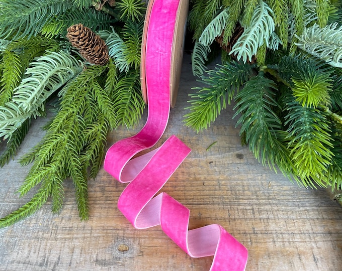 1" Hot Pink Unwired Velvet Ribbon, Christmas Bow Ribbon, Pink Velvet Ribbon, Christmas Tree Ribbon